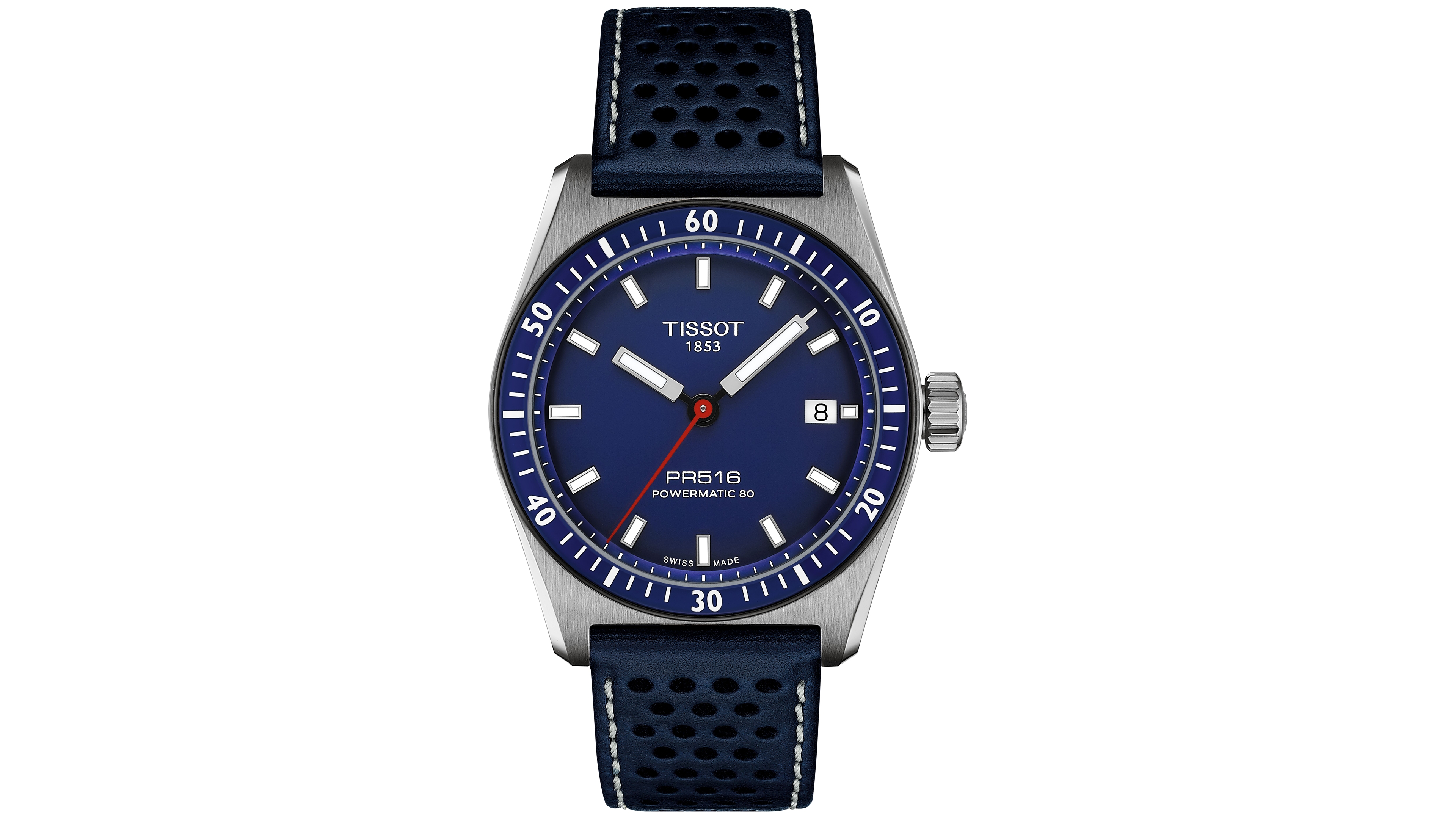 Tissot Men's Swiss Automatic PR516 Powermatic 80 Blue Perforated Leather Strap Watch 38mm
