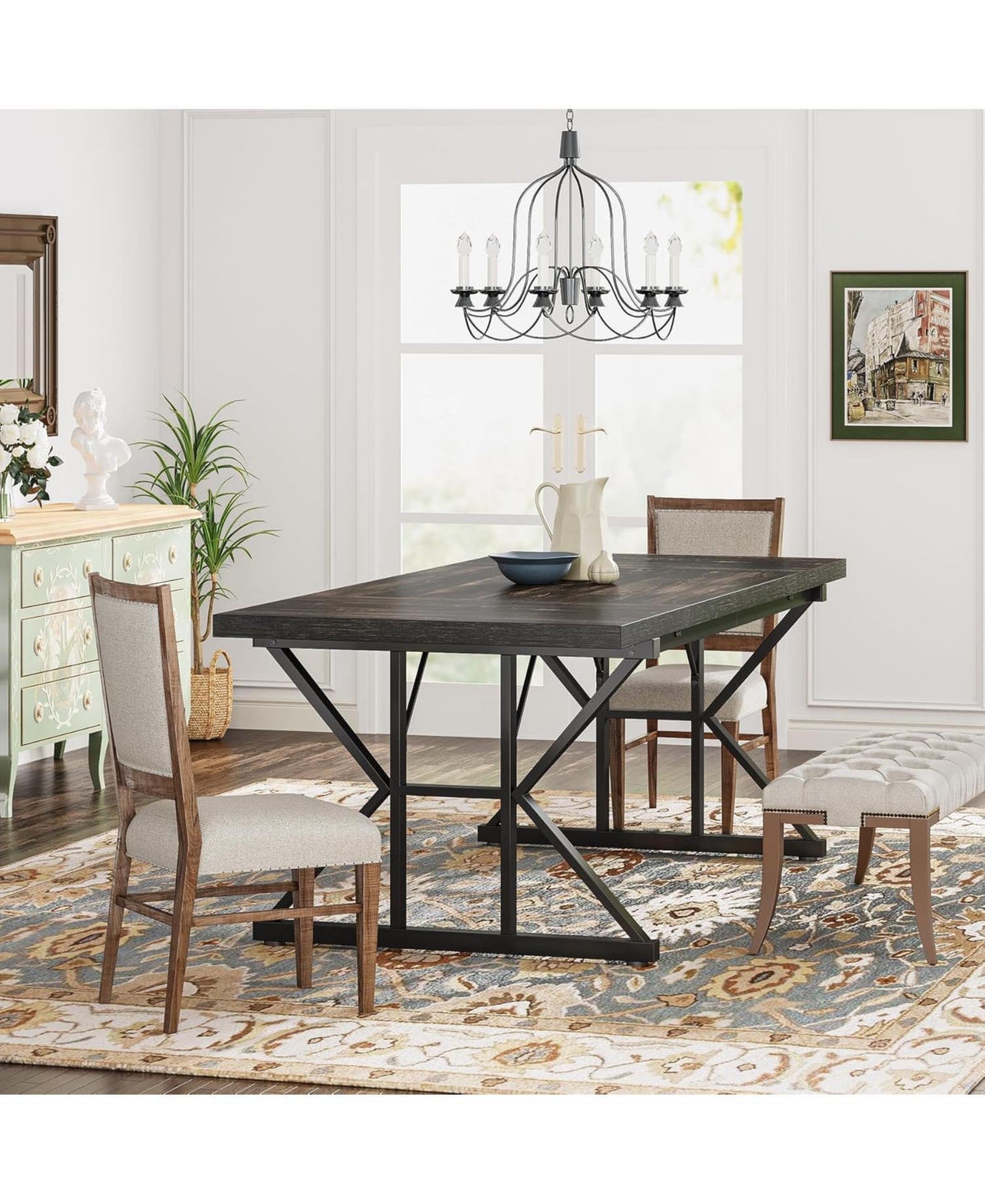 Tribesigns Farmhouse Dining Table for 6 People, 70.8-Inch Rectangular Wood Dining Table, Rustic Kitchen Table with Heavy Duty Metal Legs for Dining Ro