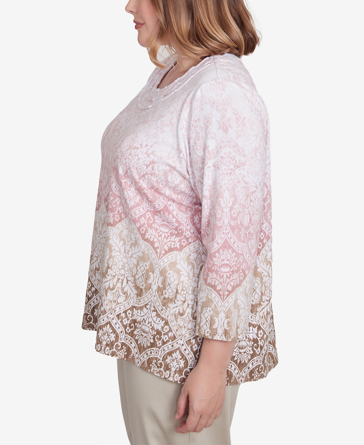 Alfred Dunner Plus Size Coming Up Roses Ombre Medallion Three Quarter Sleeve Top with Necklace