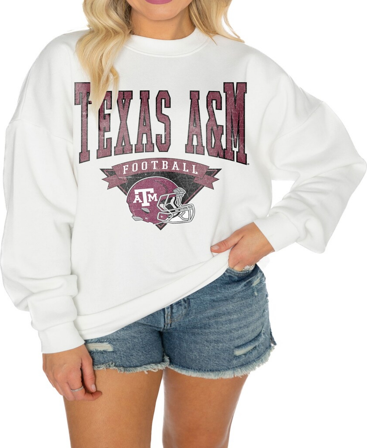 GAMEDAY COUTURE WOMEN'S WHITE TEXAS A M AGGIES GOOD VIBES PREMIUM FLEECE DROP SHOULDER PULLOVER SWEATSHIRT 