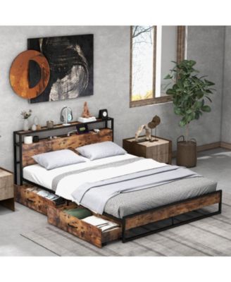 GOUUN Queen Bed Frame with 2-Tier Storage Headboard and Charging Station-Queen Size
