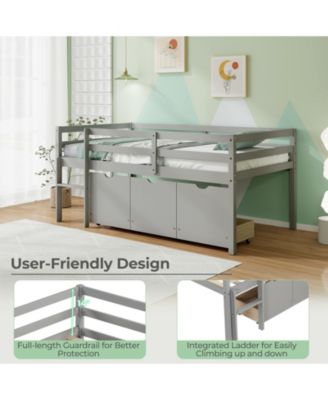 Twin Size Low Loft Bed with 3 Drawers with Ladder and Full-length Guardrails