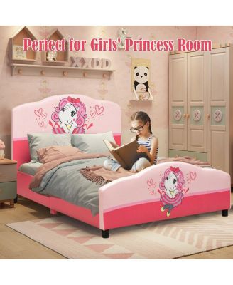 Kids Children Upholstered Platform Toddler Girl Pattern Bed