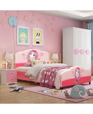 Kids Children Upholstered Platform Toddler Girl Pattern Bed