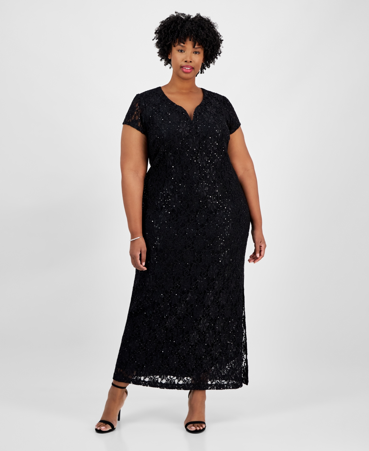 Plus Size Sequined Lace Gown - Black