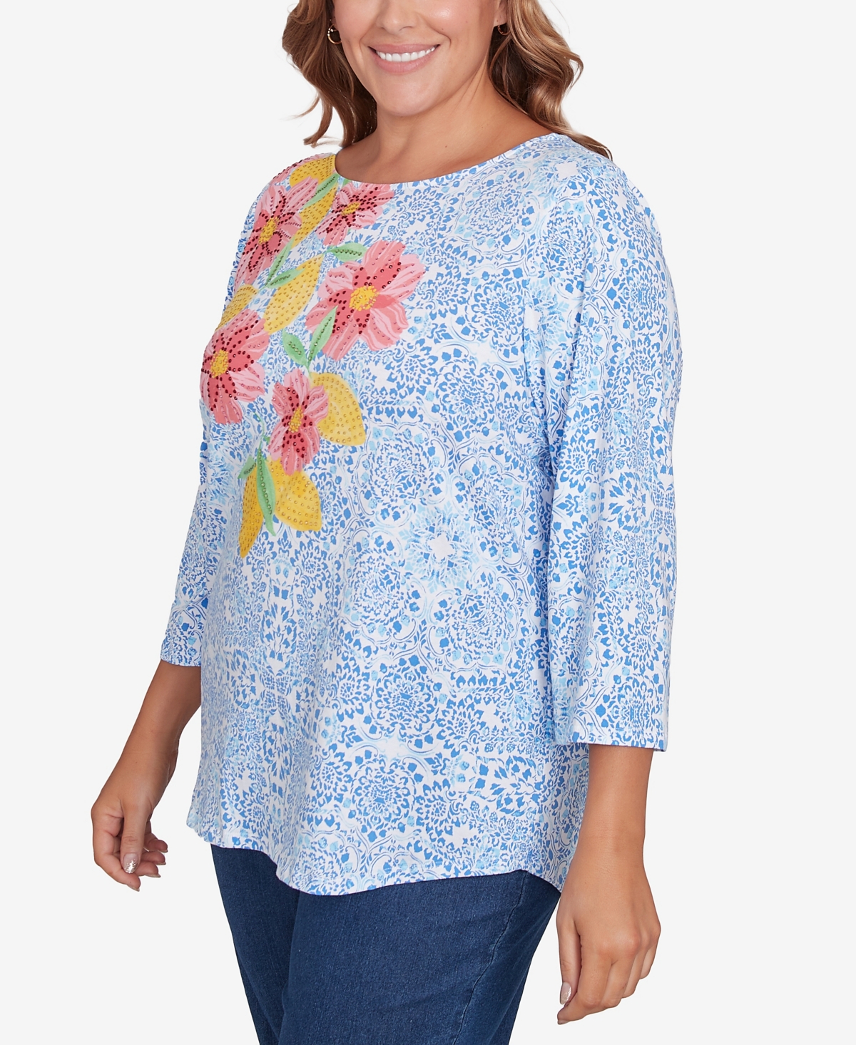 Ruby Rd. Plus Size Medallion Bold Floral Top In Bluebird Multi