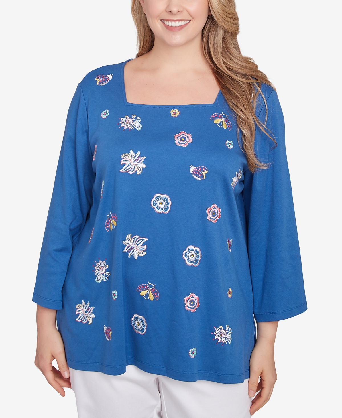 Plus Size Embroidered Scattered Floral Top - Light Indigo