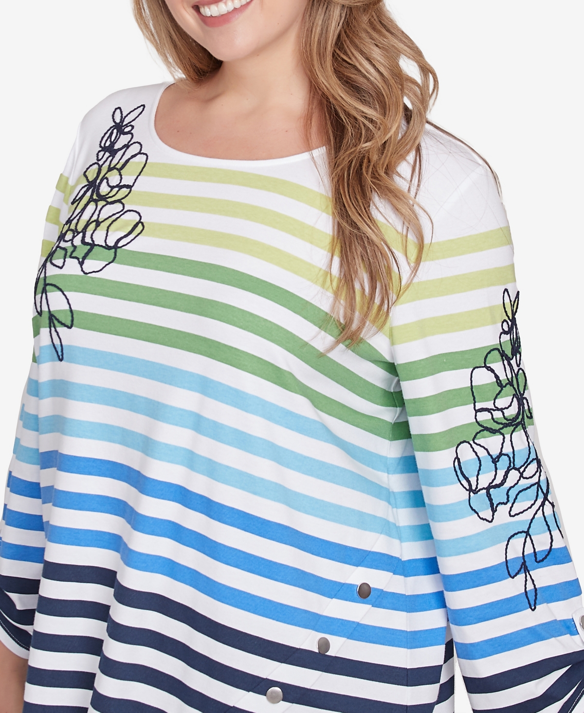Ruby Rd. Plus Size Striped Embellished Three Quarter Sleeve Top In True Navy Multi