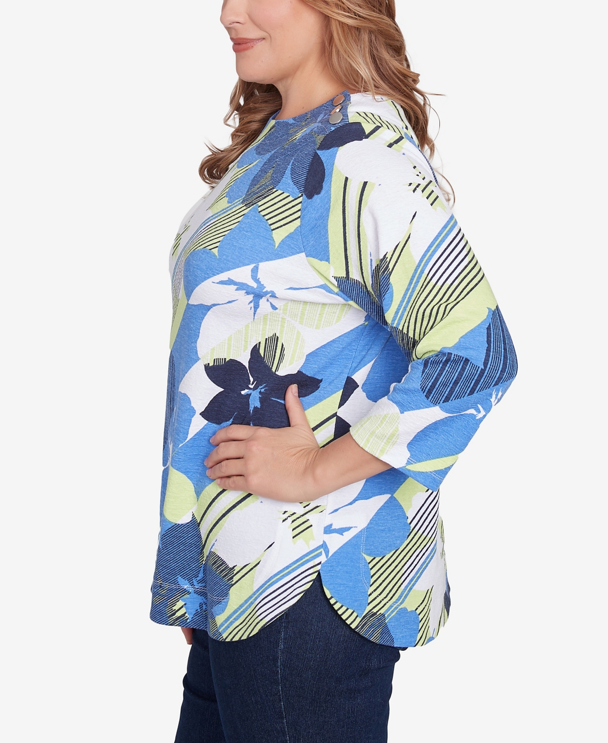 Ruby Rd. Plus Size Diagonal Striped Floral Top In Azure Multi