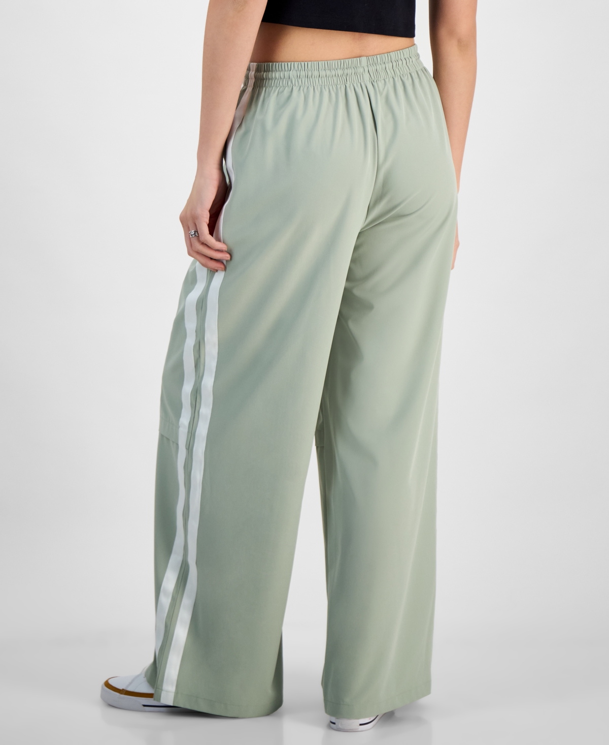 Shop Hippie Rose Juniors' Side-stripe Wide-leg Track Pants In Sage