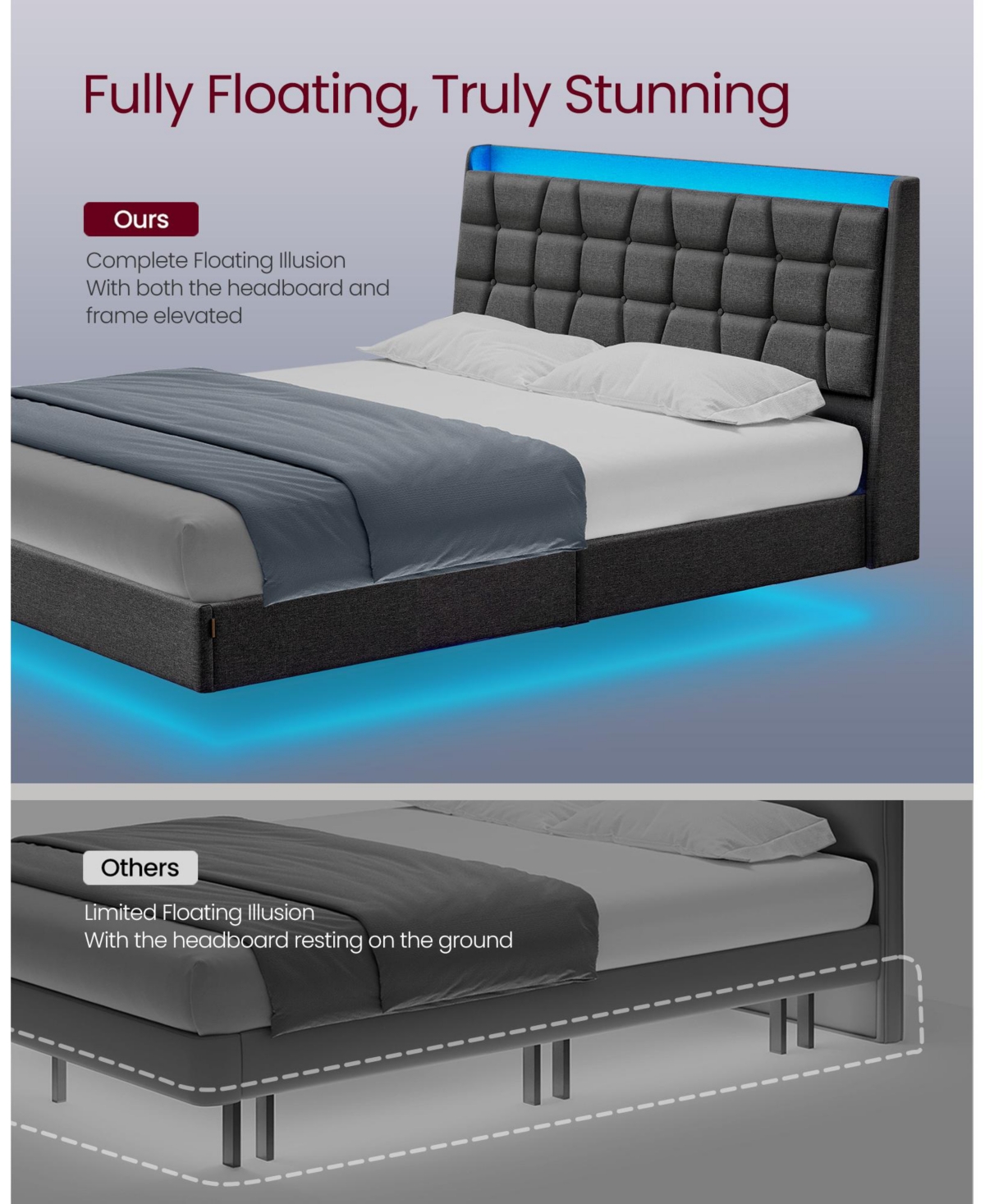 Slickblue Queen Floating Bed Frame with Led Lights for Modern Bedroom Decor