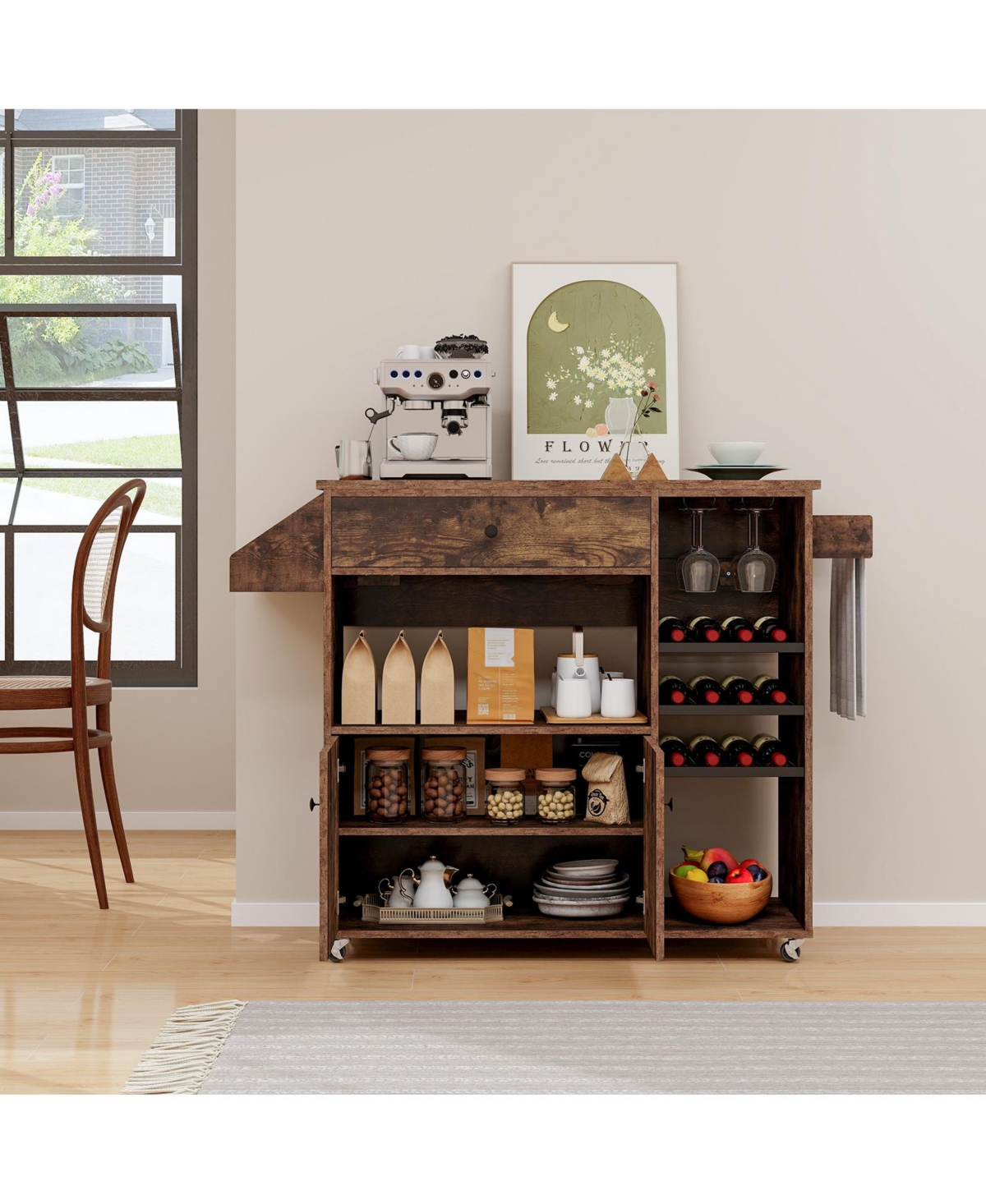 Gouun Drop Leaf Mobile Kitchen Island Cart with Power Outlet and Adjustable Shelf