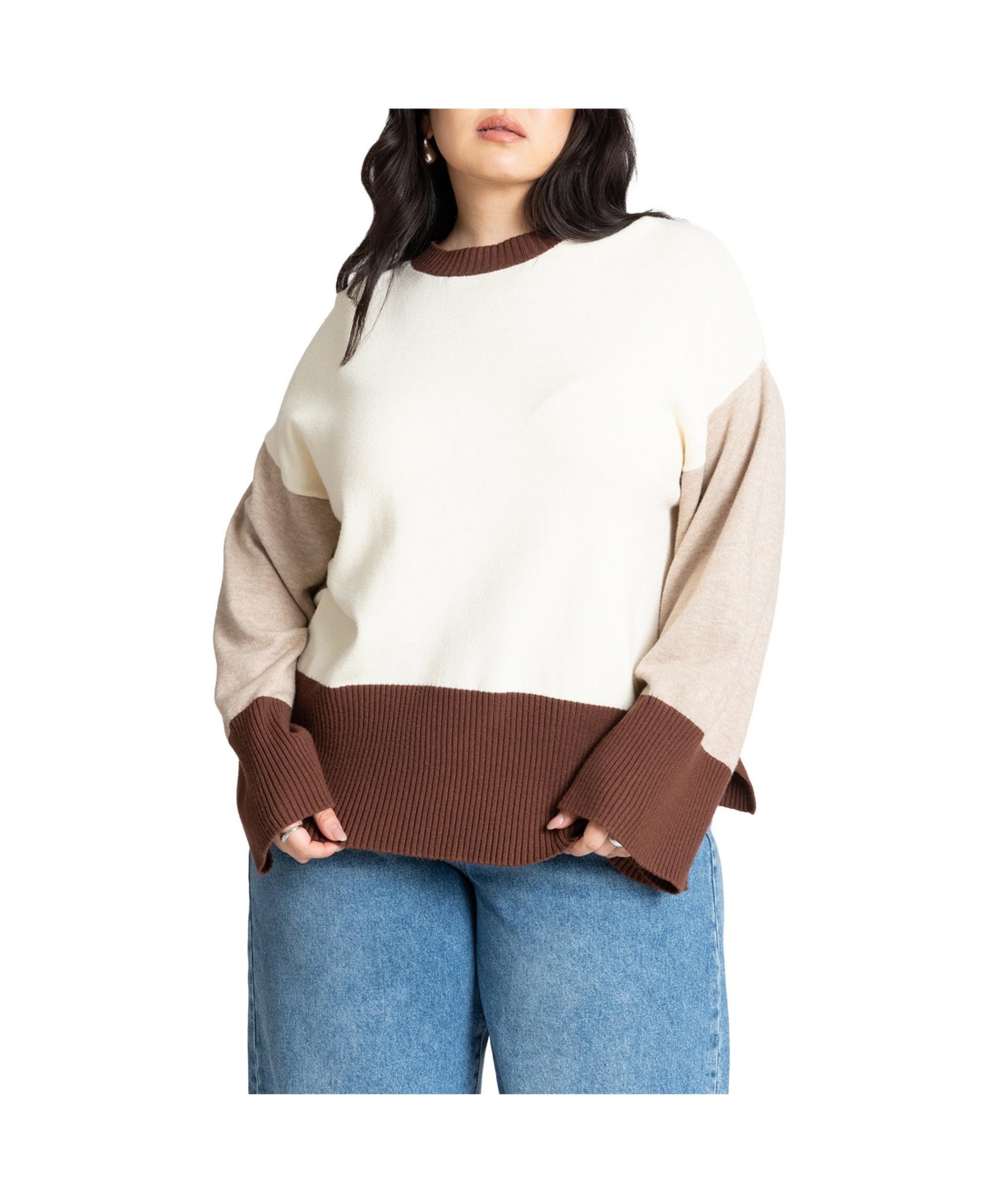 Plus Size Colorblocked Relaxed Sweater - Downtown brown