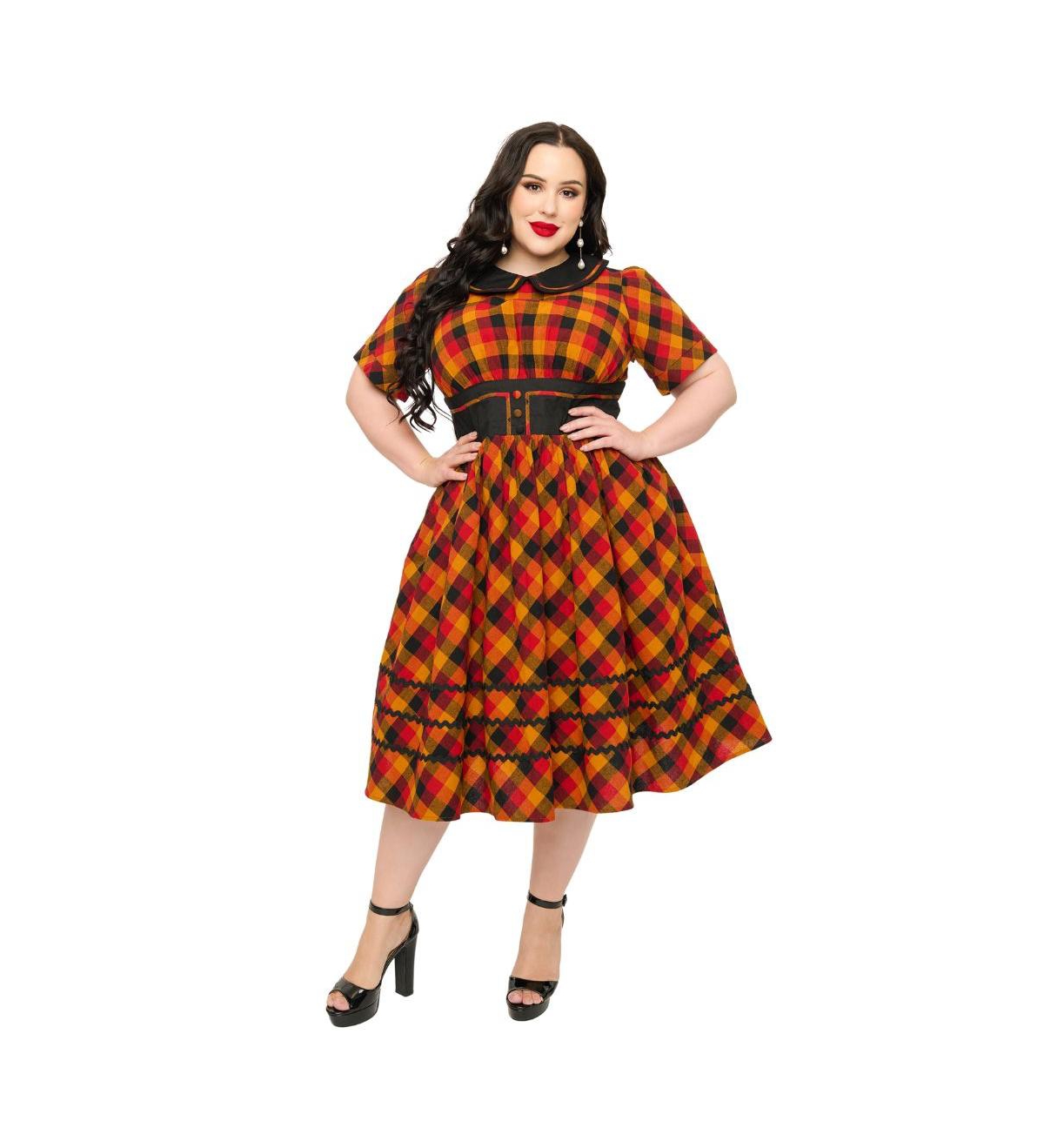 Plus Size 1950s Peter Pan Collar Swing Dress - Orange  red plaid
