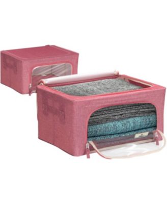 2 Pack Small Foldable Storage Box - Metal Frame, Oxford Fabric, Large Window & Handles - Organization for Bedroom, Linens & Clothes (Pink)
