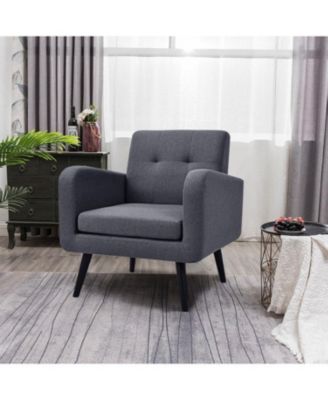 Mid-Century Modern Linen Upholstered Accent Chair with Wooden Legs