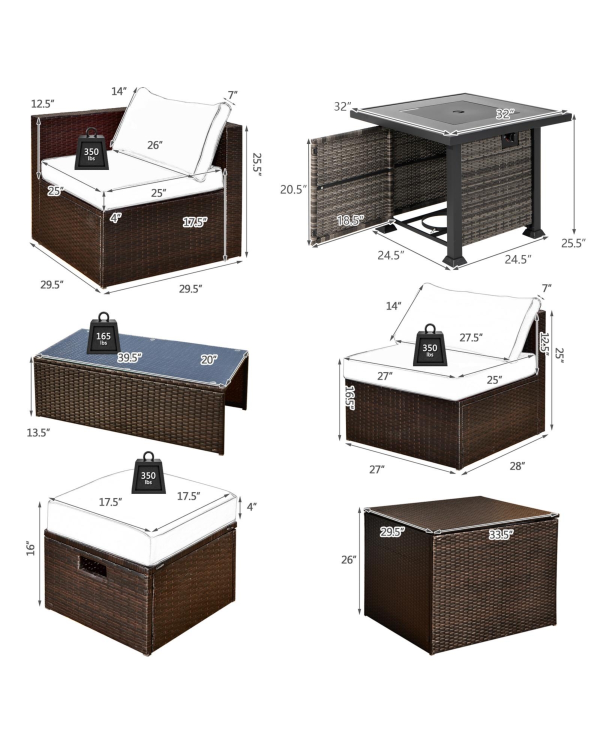 Outdoor 9 Pieces Patio Furniture Set with 50 000 Btu Propane Fire Pit Table