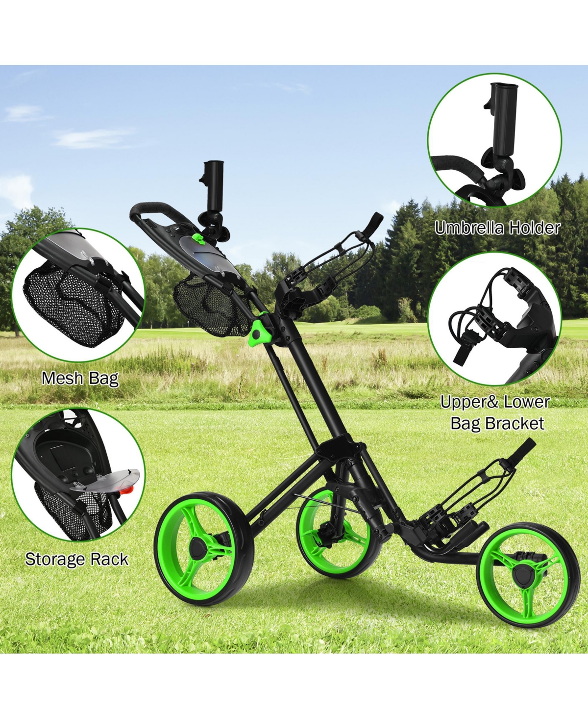 Gymax 3 Wheels Foldable Golf Push Pull Cart Trolley w/ Mesh Bag Foot Brake - Green+black
