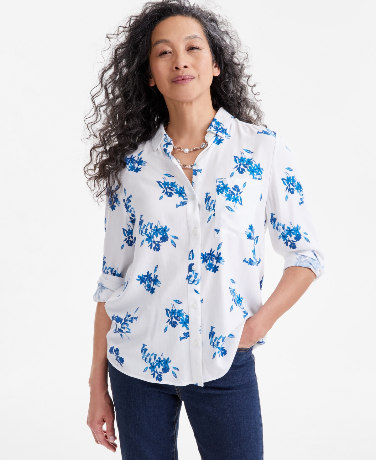 Petite Millie Blooms Printed Button-Down Perfect Shirt, Exclusively at Macy's - Mill Blom