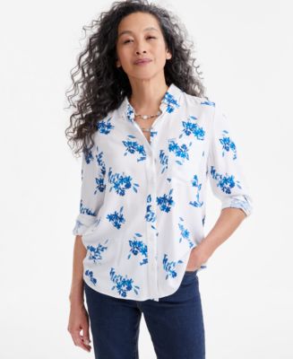 売れ筋商品|||スタイルアンドコー カットソー トップス レディース Women's Printed Button-Front Perfect Shirt, Exclusively at Macy's Blue Floral Style & Co Women's Button Up Shirts & Tops - Macy's