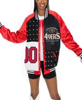 Women's Scarlet/Black San Francisco 49ers Oversized Hot Shot Rhinestone Throwback Full-Snap Varsity Bomber Jacket