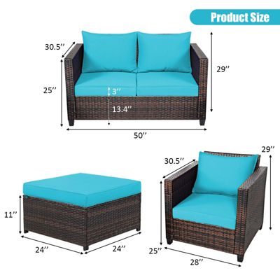 5PCS Patio Rattan Furniture Set Loveseat Sofa Ottoman Cushioned