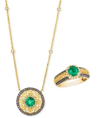 Costa Smeralda Emerald Diamond Ornate Ring Necklace Collection In 14k Gold