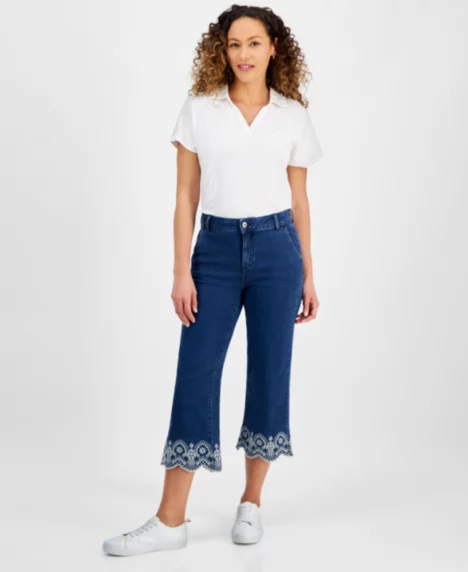 Petite High-Rise Wide-Leg Cropped Jeans - Eyelet