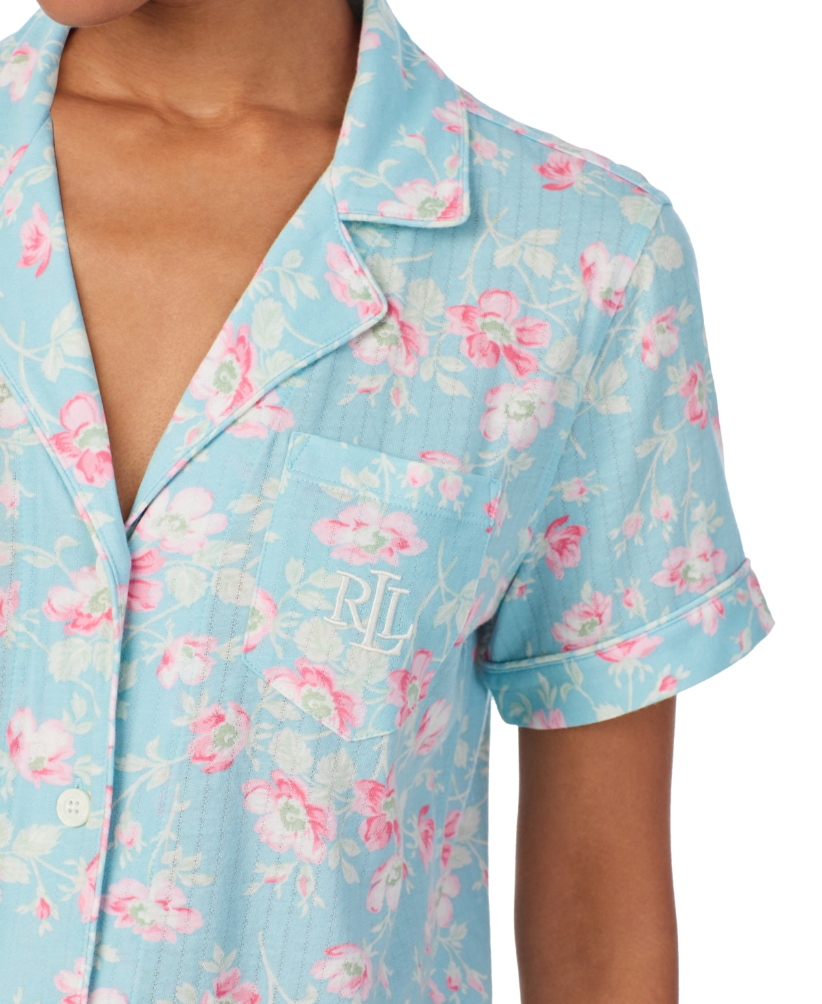 Shop Ralph Lauren Women's 2-pc. Short-sleeve Notch-collar Cropped-pant Pajama Set In Blue Floral