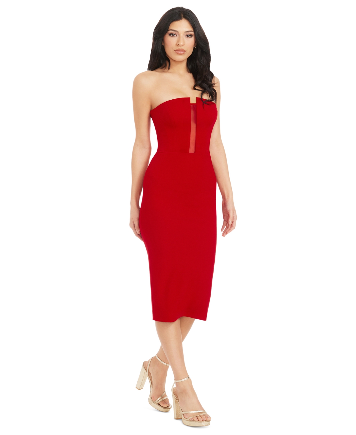 Shop Dress The Population Women's Erica Strapless Plunge-neck Bodycon Midi Dress In Rouge