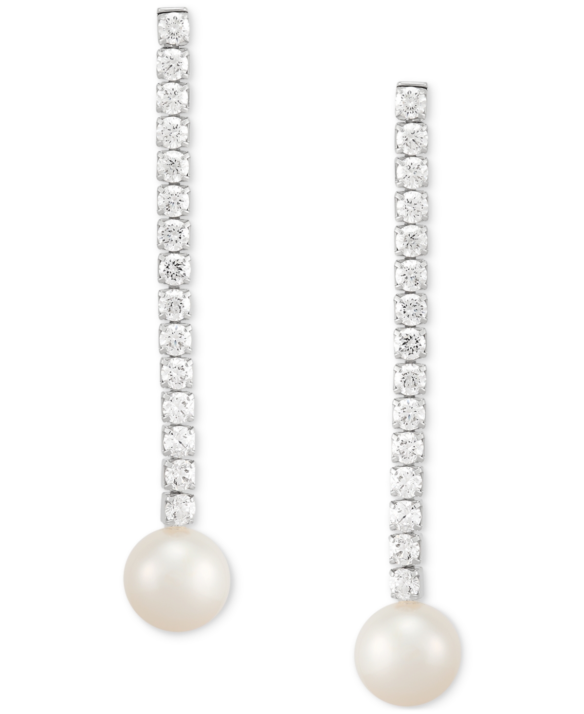 Arabella Cultured Freshwater Pearl (10mm) & Cubic Zirconia Linear Drop Earrings In Sterling Silver In Silver
