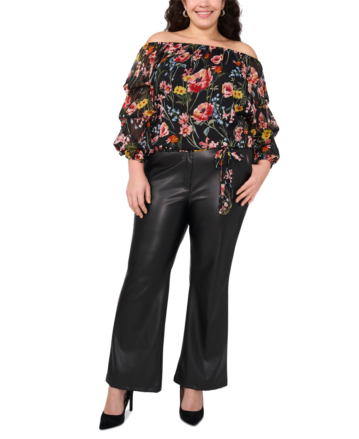 Shop Vince Camuto Plus Size Floral Off-the-shoulder Bubble 3/4-sleeve Tie-front Blouse In Colorful Floral