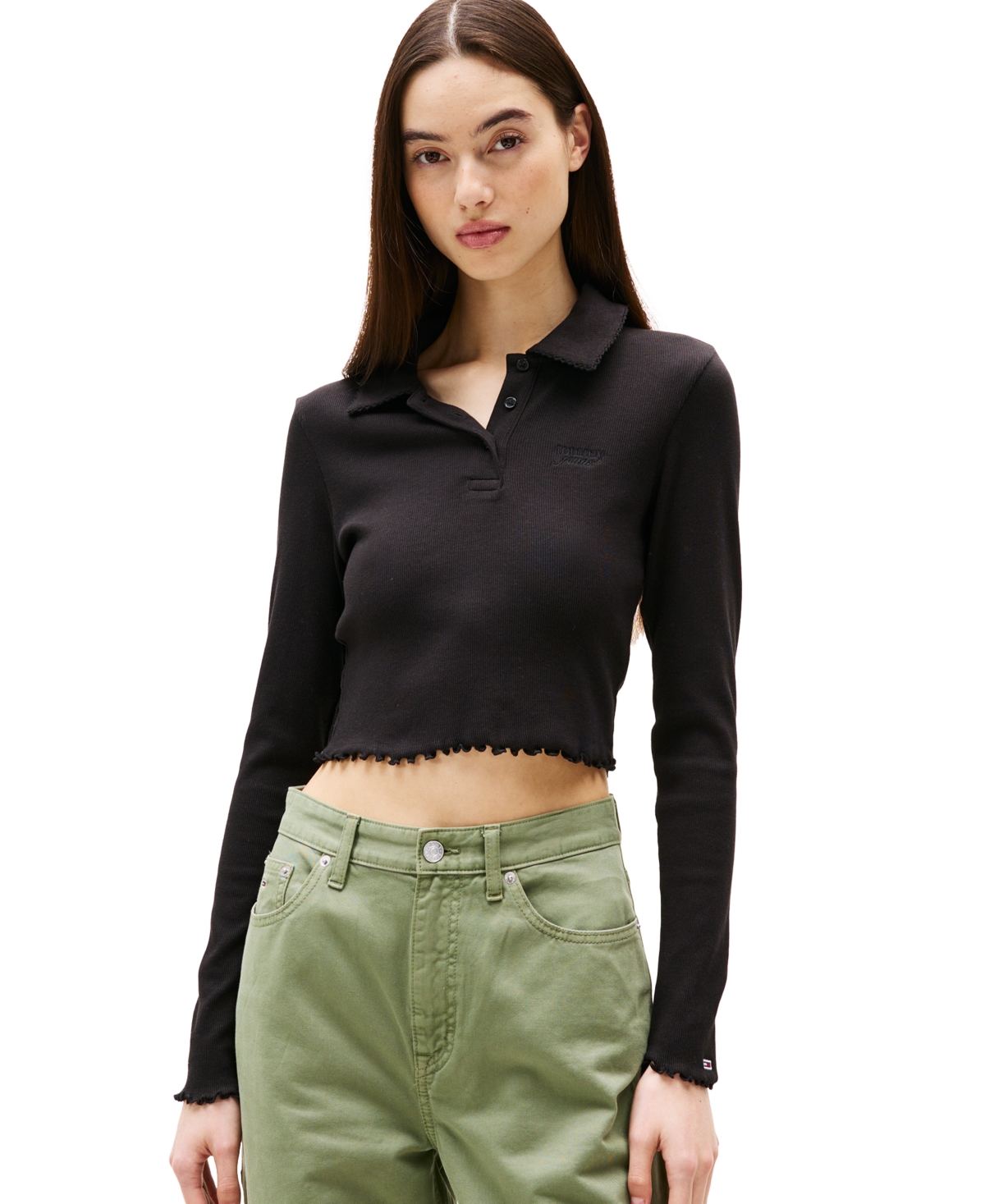 Women's Cropped Long Sleeve Polo - BLACK