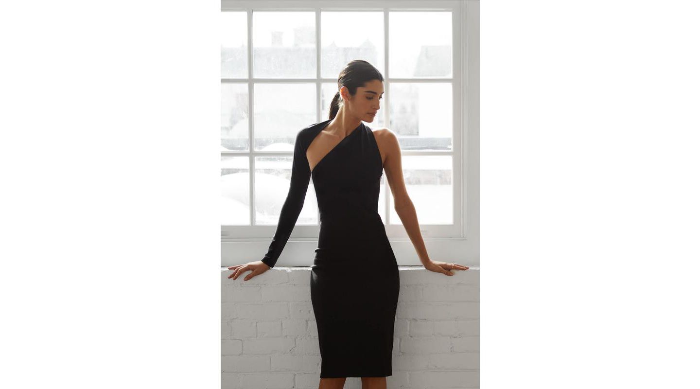 Женское платье Marcella Manhattan One-Shoulder Long-Sleeve Open-Back Fitted Midi, цвет: Чёрный — фото 7