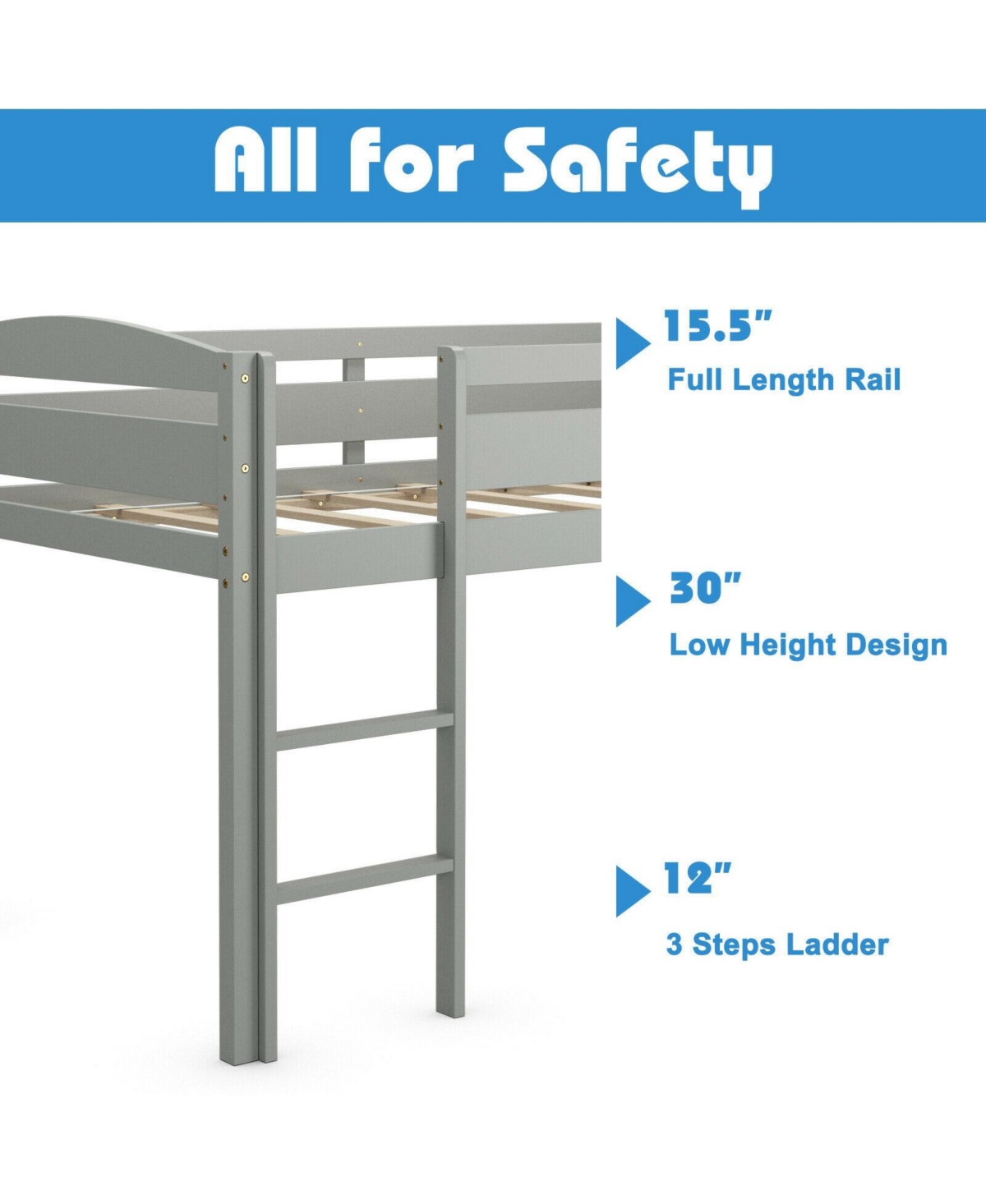 Gouun Wooden Twin Low Loft Bunk Bed with Guard Rail and Ladder