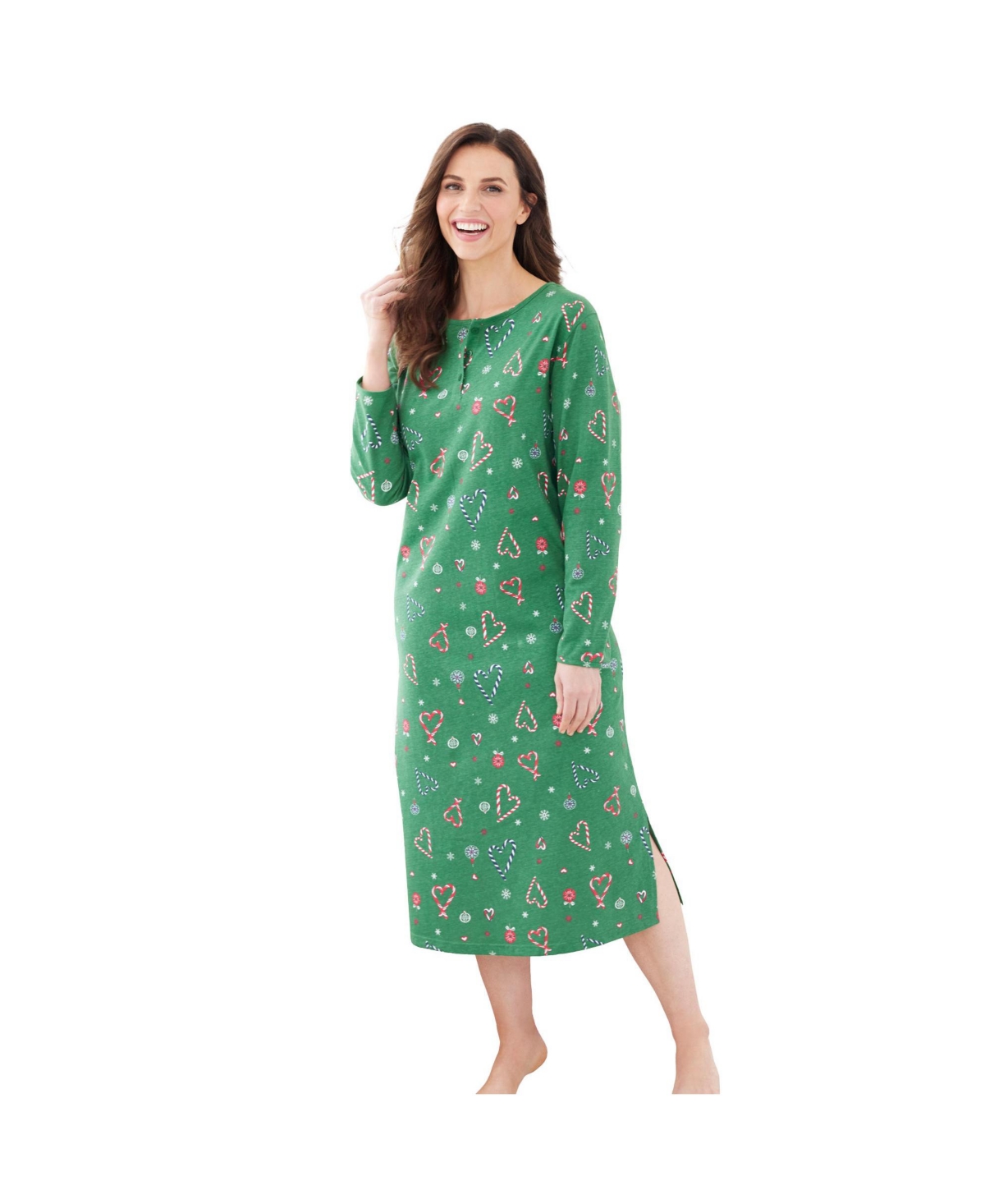 Dreams & Co. Plus Size Long-Sleeve Henley Print Sleepshirt