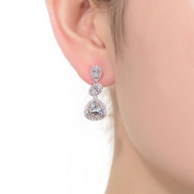 Sterling Silver White Gold Plated with Clear Pear, Oval & Round Cubic Zirconia Halo Three Tier Drop Earrings
