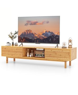 63 Inches Mid Century Modern Bamboo TV Stand with Sliding Doors