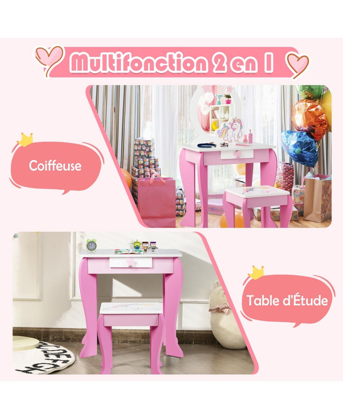 Gouun Kids Wooden Makeup Dressing Table and Chair Set with Mirror and Drawer