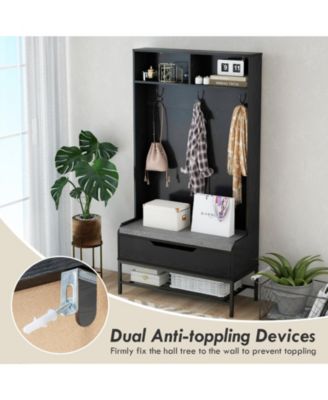 69 Inches Tall Hall Tree 4-in-1 Coat Rack with Seat Cushion and Shoe Storage