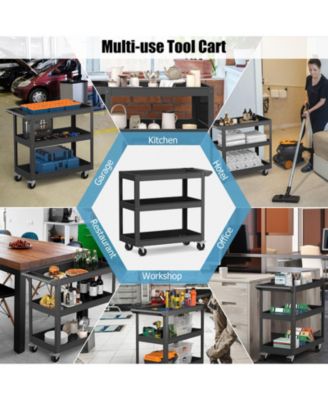 3-Tier Metal Utility Cart Trolley Tool with Flat Handle and 2 Lockable Universal Wheels
