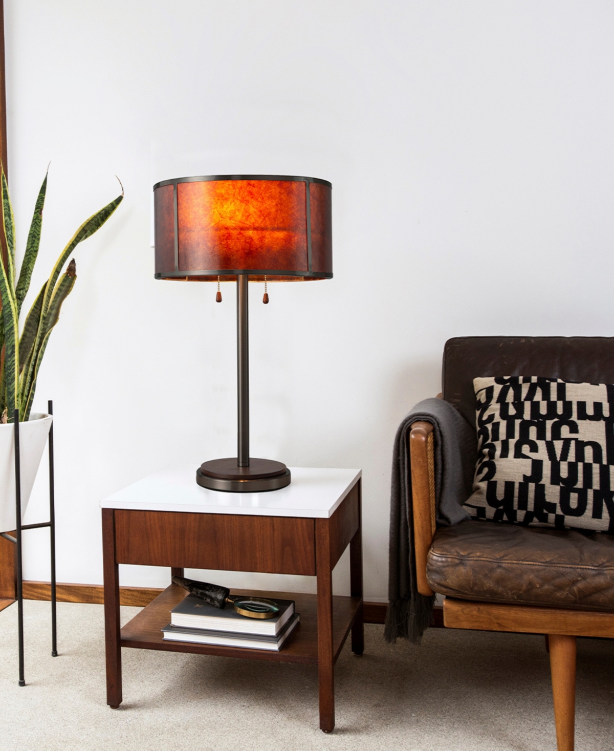 Nova Of California Layers Natural Mica Table Lamp With Dual Pull Chair Switch In Charcoal Grey Wood Gunmetal
