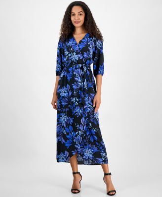 Connected - Women's Floral-Print Faux-Wrap Maxi Dress
