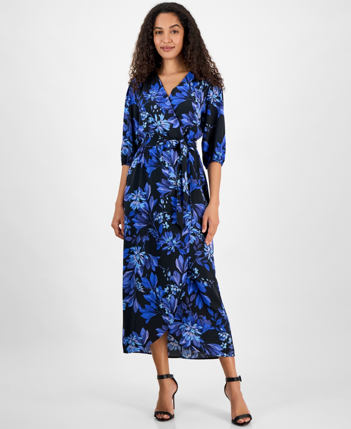 Women's Floral-Print Faux-Wrap Maxi Dress - Med Blue
