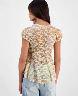 Juniors' V-Neck Cap Sleeve Babydoll Lace Top
