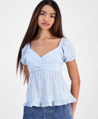 Juniors' Eyelet Babydoll Short-Sleeve Top