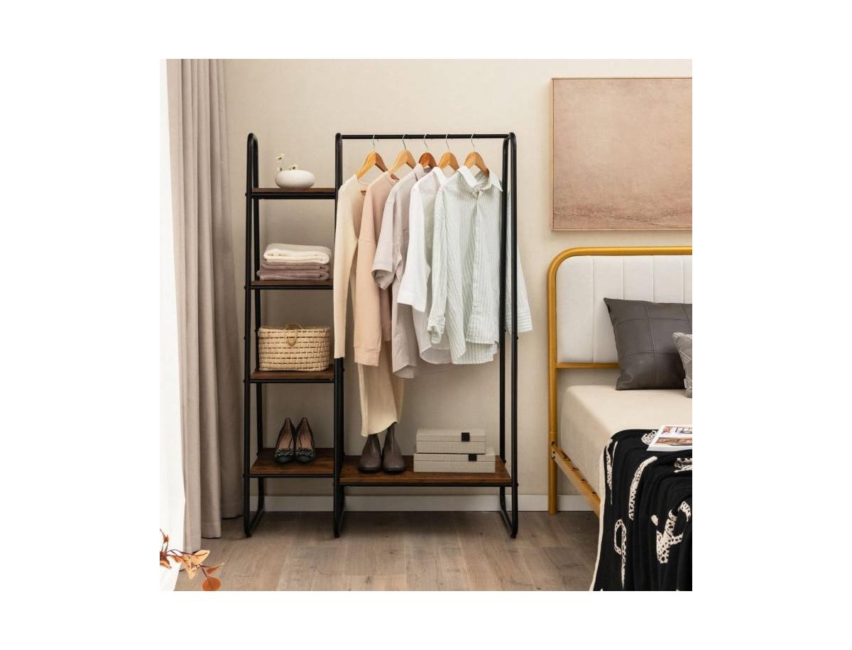 Slickblue Industrial Wood Garment Rack with Clothes Hanging Bar and Storage Shelves Stylish and Practical - Black