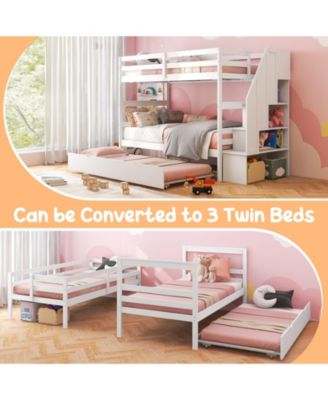 Home Wood Bunk Bed with Guard Rail and 4-step Storage Stairs No Box Spring Needed