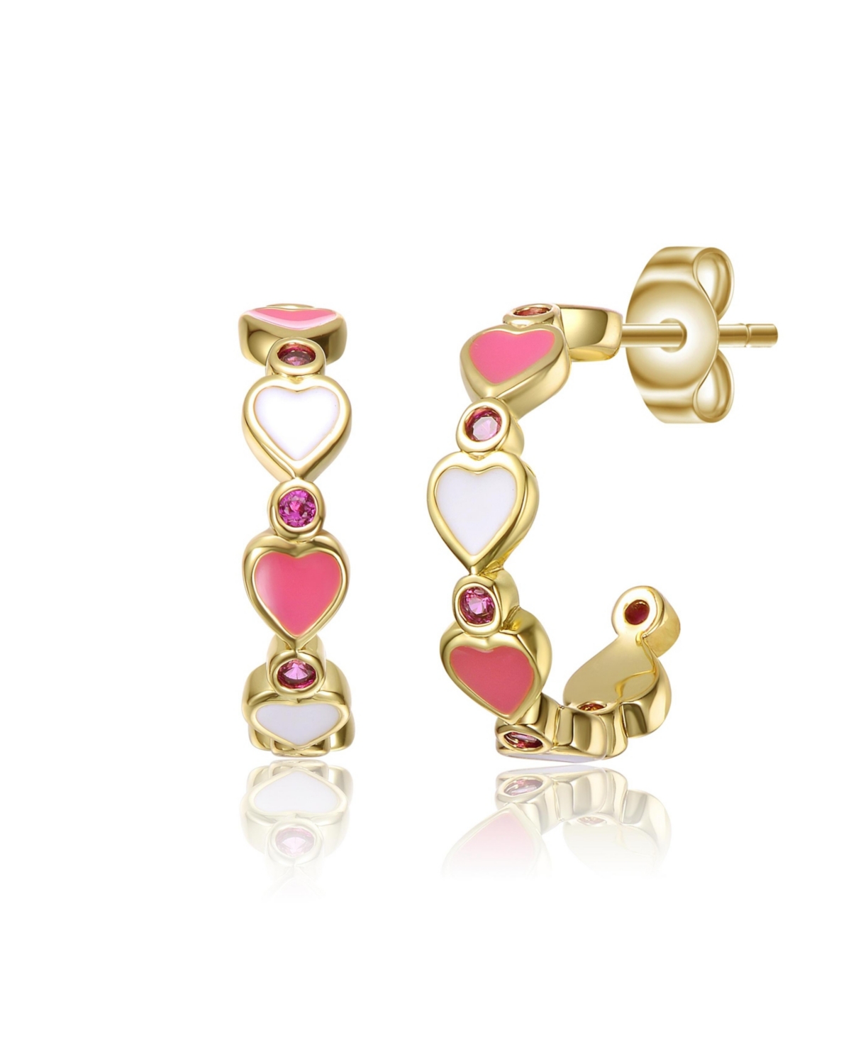 14K Gold Plated with Pink Cubic Zirconia Heart Hoop Earrings - Pink