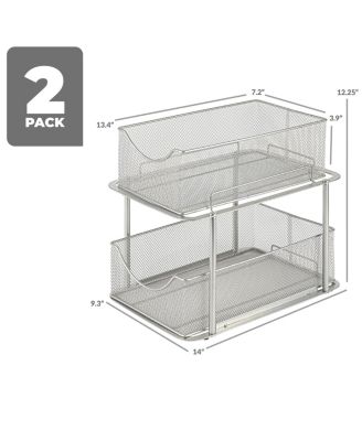 2 Pack 2 Tier Baskets with Mesh Sliding Drawers - Ideal Cabinet, Under the Sink, etc - Great for Bathroom, Kitchen, Office, etc. (Silver